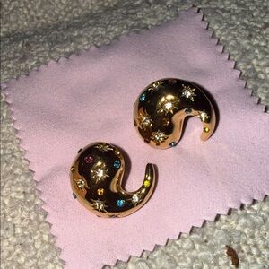 🌙 Gold Crescent Moon Earrings – Crystal & Star Detail | Never Worn